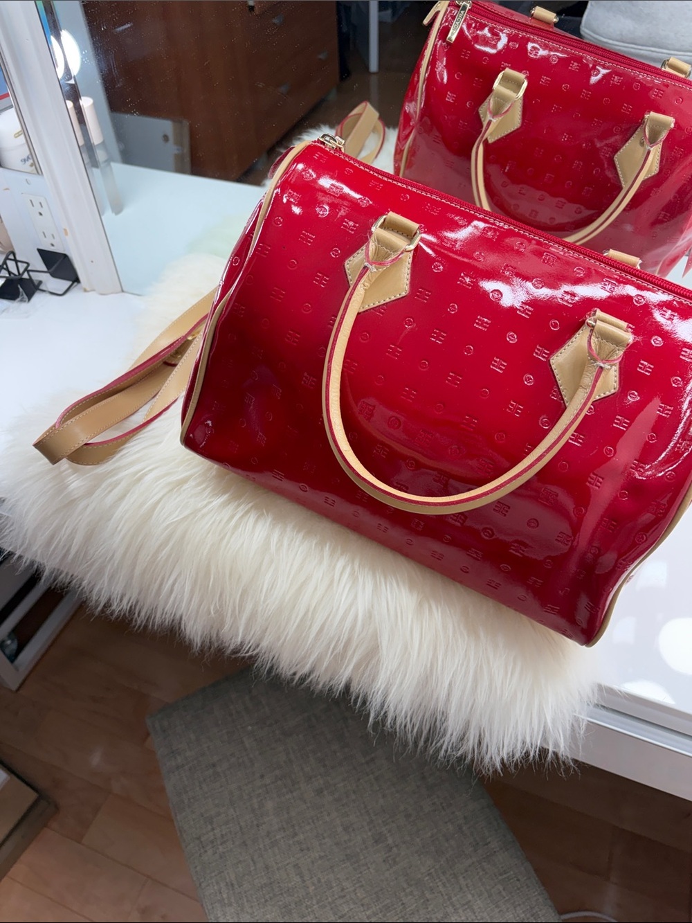 Arcadia Red Patent Satchel with Tan Trim
